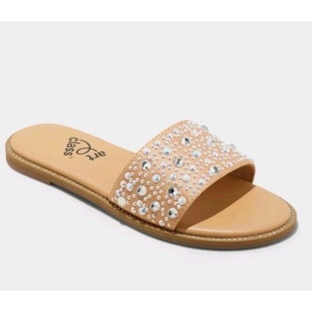 Art Class Heather Girl's Embellished Rhinestone Slide Classy Sandals Tan